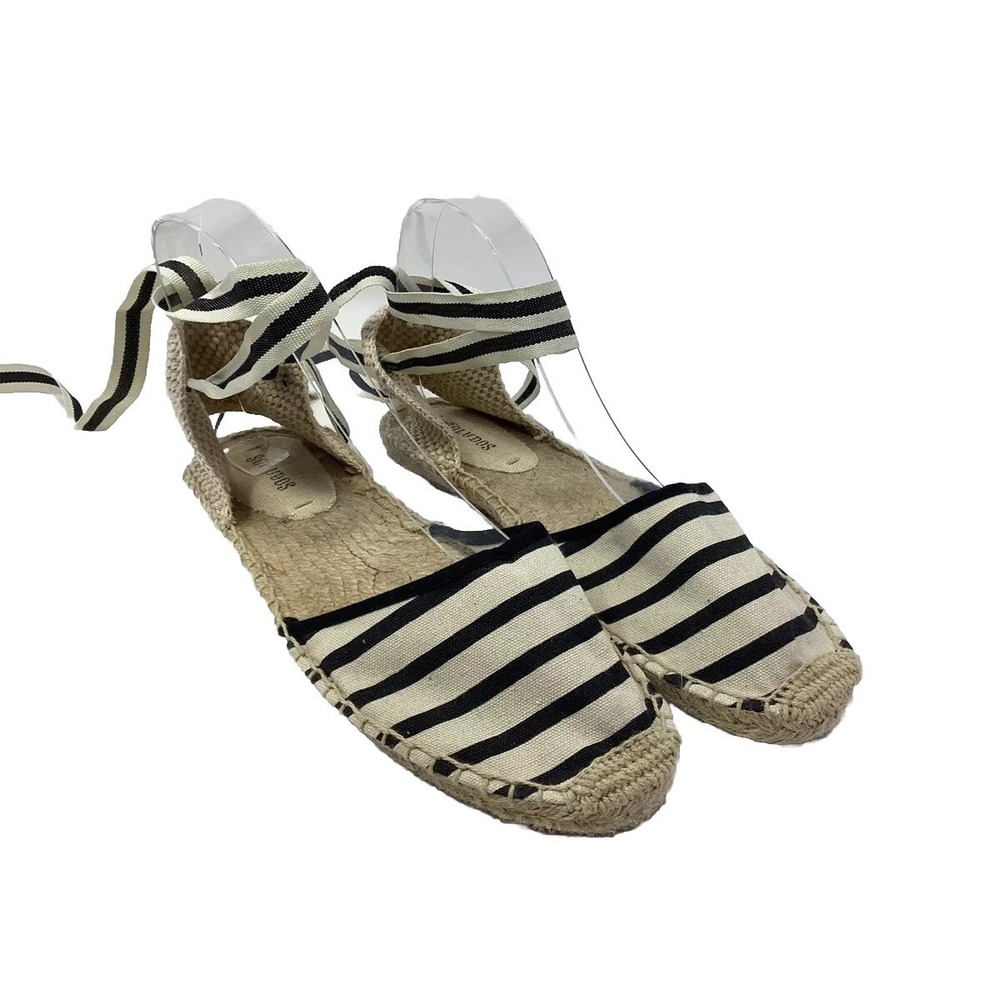 Soludos The Lauren Lace Up Espadrille Sandals Womens 7.5 Ivory Black Stripe Flat